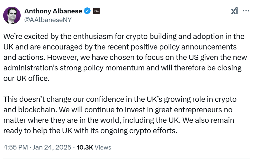 Andreessen Horowitz Shuts Down London Office Amid Renewed Focus On US Crypto Market