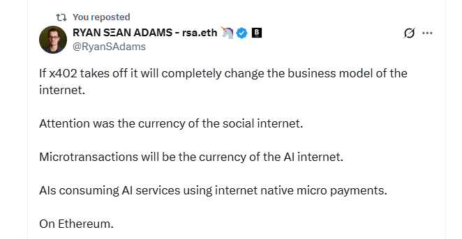 Coinbase CDP is building x402. If adopted, the protocol will be a game-changing stablecoin and payments, driving Ethereum to a higher level.